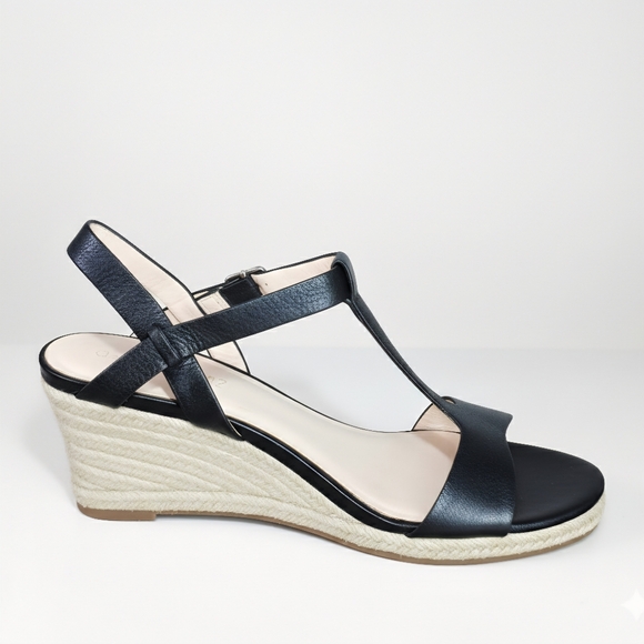 Cole Haan Size 8.5 Sandals Espadrille Black Leather Wedges Ankle T Strap Heels - Picture 3 of 9